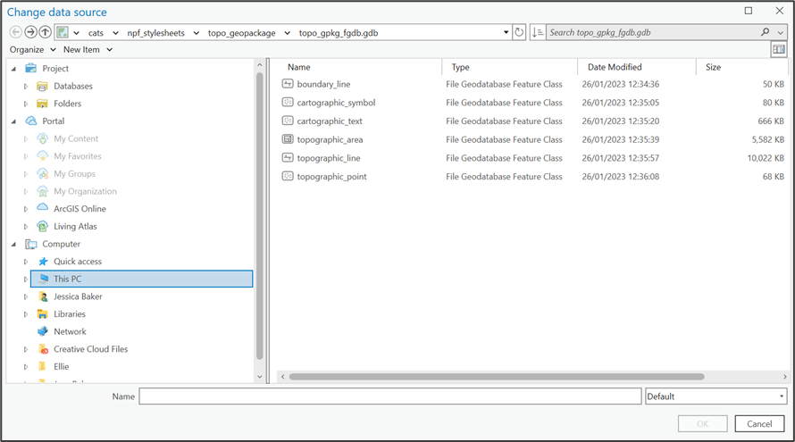ArcMap Data Source dialog showing OSMM Topography data layers