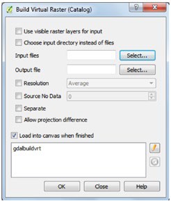Build virtual raster dialog showing the select button on the input files highlighted