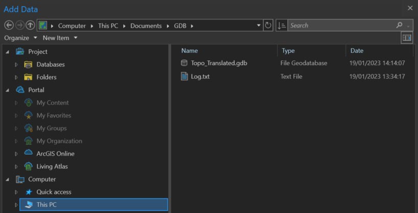 ArcGIS Pro Add Data dialog showing selection of the file geodatabase