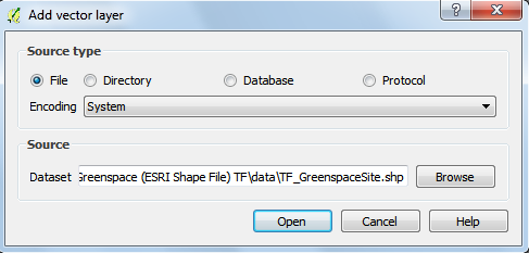 Add vector layer dialog showing TF_GreenspaceSite.shp loaded with the same parameters