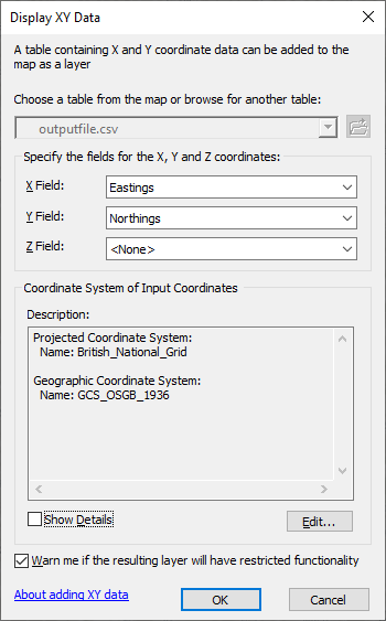 ArcMap Display XY Data dialog.
