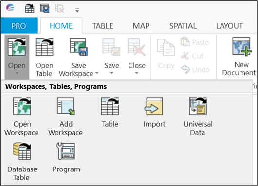 MapInfo Professional UI showing the Home > Open > Universal Data action.