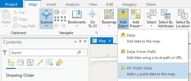 ArcGIS Pro UI showing the Map > Add Data > XY Point Data menu option.