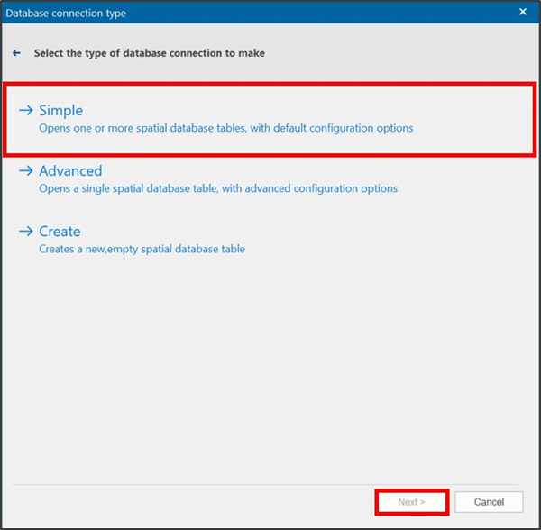 CadCorp SIS Desktop Database connection type dialog