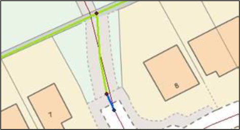 A map image from OS MasterMap Highways Network showing an example of an overlapping path link and road link.