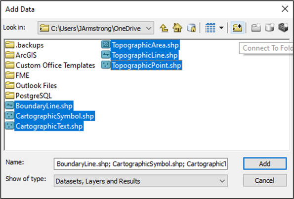 ArcMap Add Data dialog showing selected OSMM Topography Layer shapefile layers