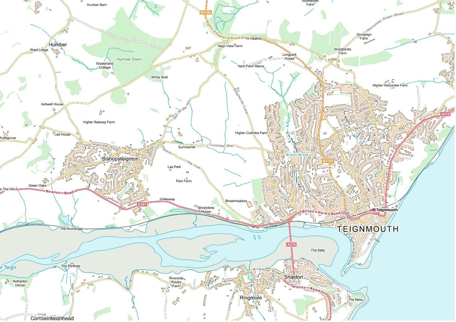 Styled vector data mapping the area around Teignmouth