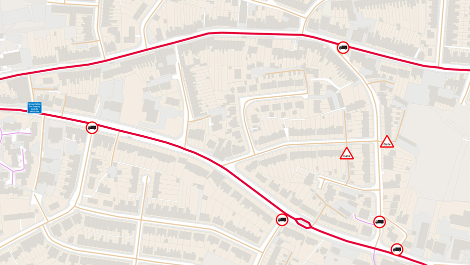 OS MasterMap routing data showing two roads highlighted on a map