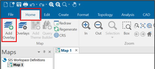 Screenshot showing the upper ribbon in Cadcorp SIS Desktop. The Home tab and Add Overlay button are highlighted by red rectangle shapes.