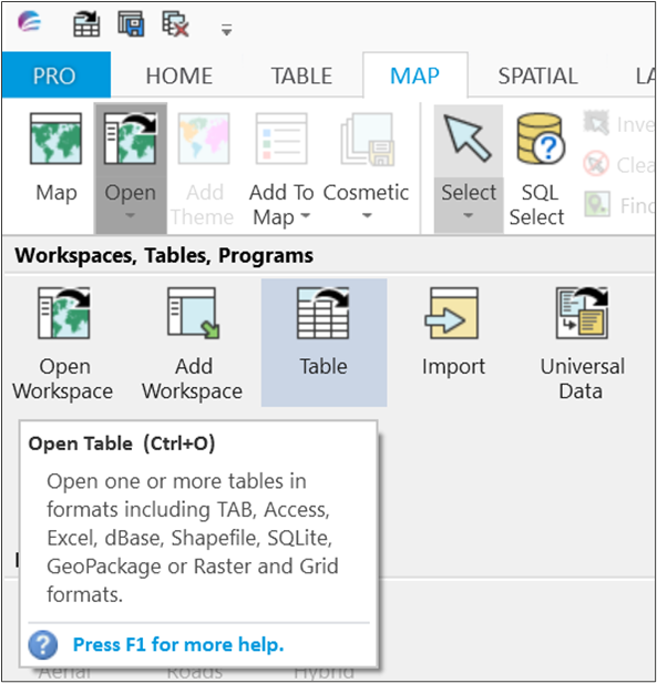 MapInfo Professional UI showing the Map > Table action.