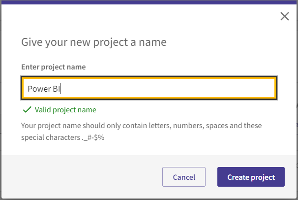 A screenshot of the create project naming dialog box showing a text box and instructions for naming your OS Data Hub project.