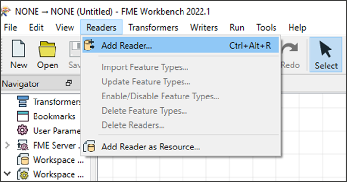 FME Desktop UI showing Readers > Add Reader action