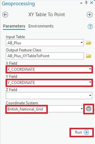 ArcGIS Pro UI showing Geoprocessing window showing XY Table To Point parameters