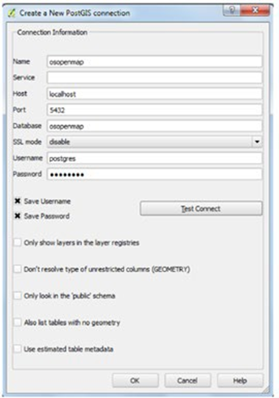 Create a new PostGIS connection window for a local osopenmap database