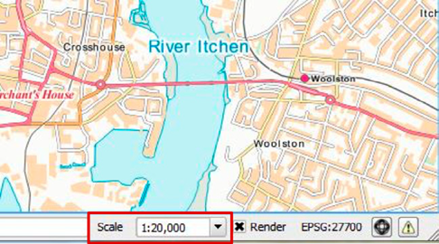 A map at 1:20,000 scale zoomed in showing a crossing over the River Itchen