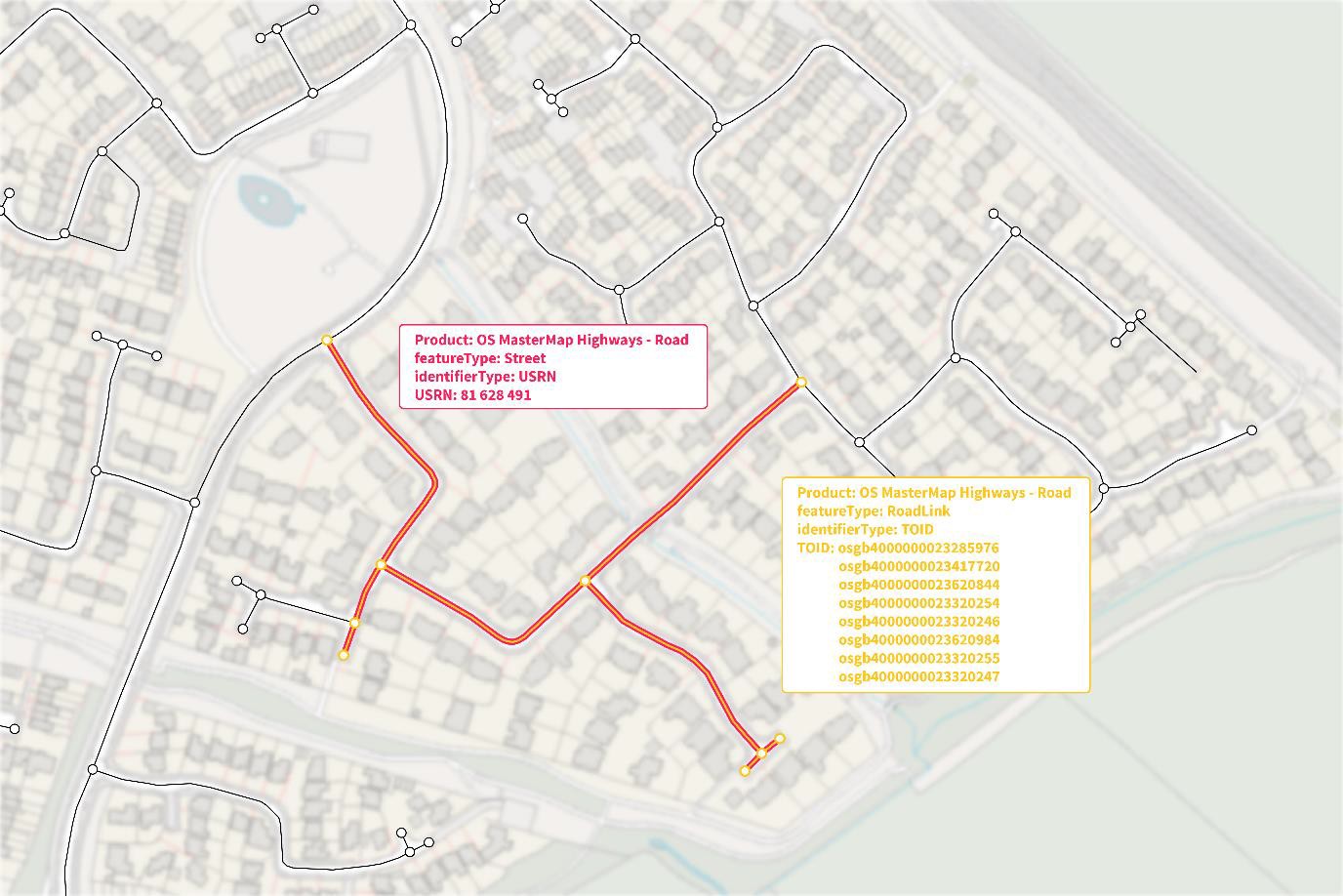 Identifiers displayed on OS Map data showing RoadLink and Topographic area feature types