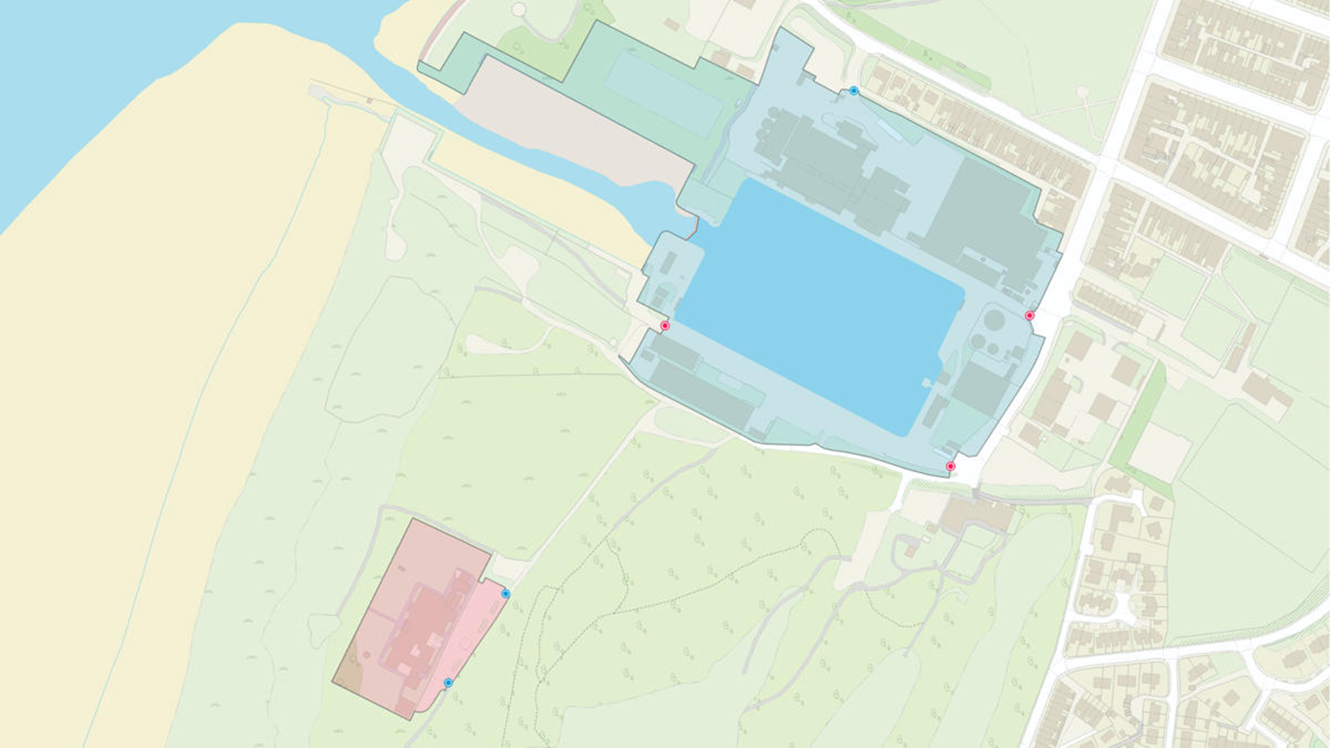 A representation of OS MasterMap Sites Layer data showing a site area on a map.