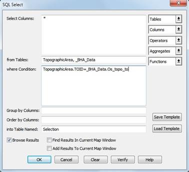 SQL Select window showing selection of OS MasterMap Topography layer data from TopographicArea and _BHA_Data tables