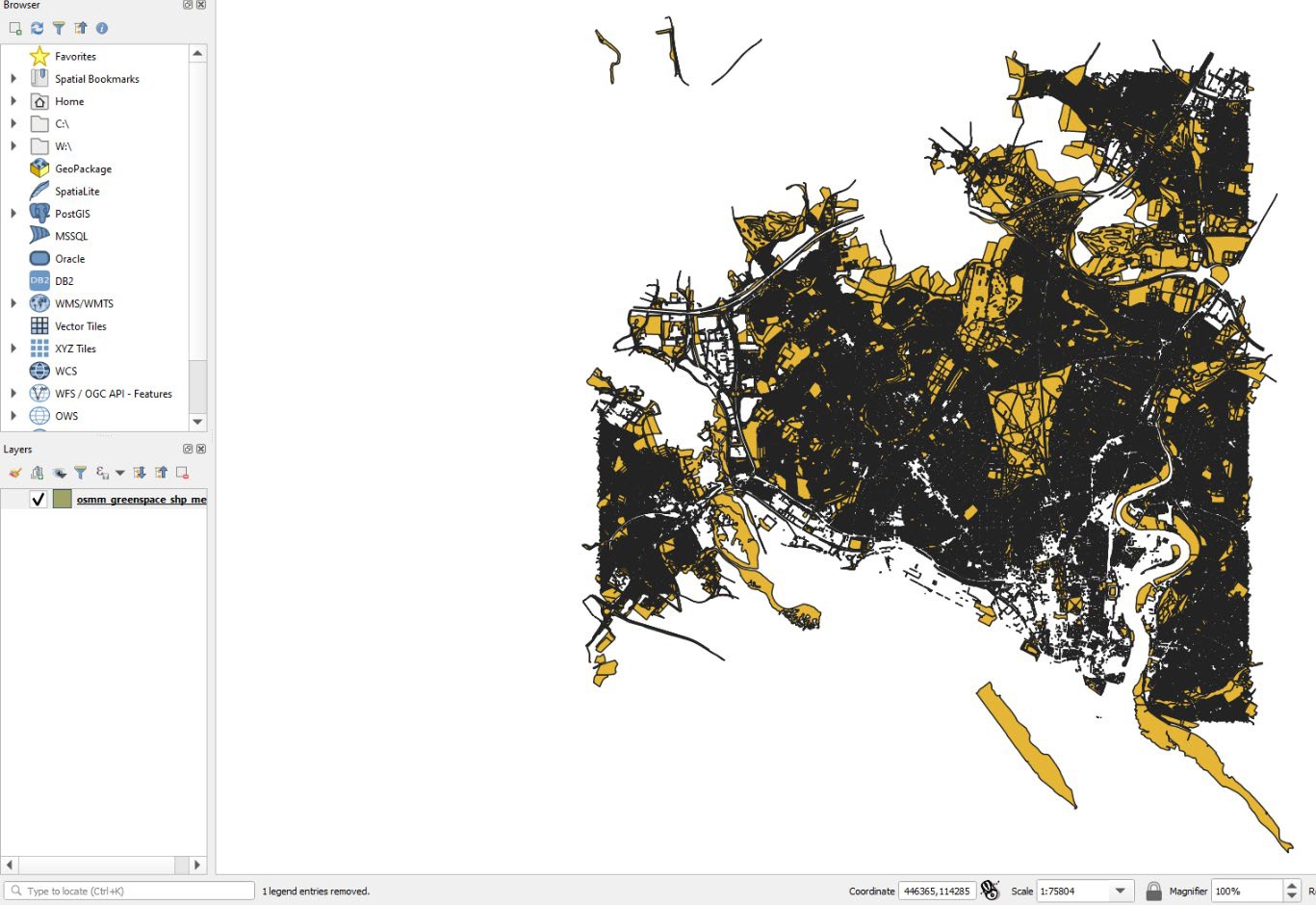QGIS showing merged data displayed un-styled in map frame.