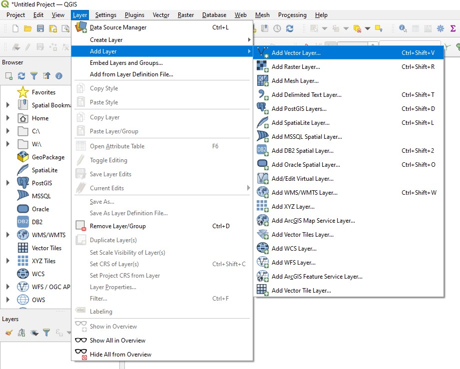 QGIS application showing Layer - Add Layer - Add Vector Layer menu option.