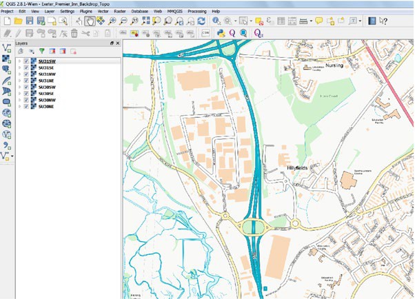 A screenshot of the QGIS window with a stylised map loaded