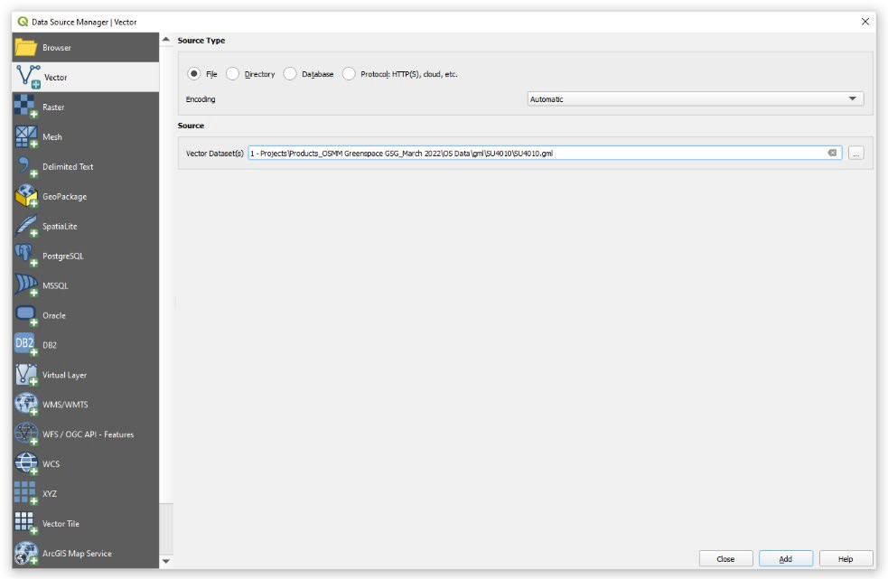QGIS Data Source Manager - Vector window.