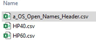 Screenshot in Windows Explorer showing renamed header CSV file (a_OS_Open_Names_Header.csv) displayed at the top of the file list.