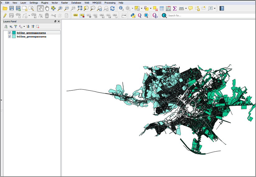 Add PostGIS table(s) dialog, that shows OS MasterMap Greenspace Layer tables available in current connection.