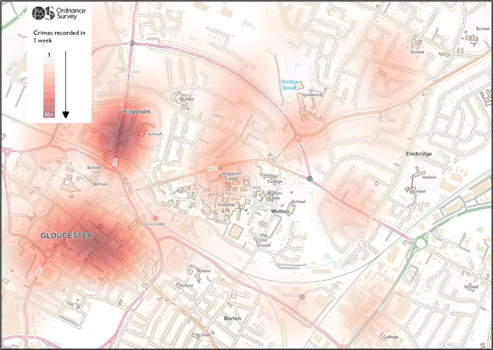 OS OpenMap – Local has been used as backdrop mapping for a street-level map showing the number of crimes recorded over one week in an area of Gloucester. The map scale ranges from one to over ten crimes recorded over a week, with one being a pale peach colour and over ten being a dark red colour. Several areas on the map have been impacted by crimes, with two areas recording over 10 crimes that particular week.