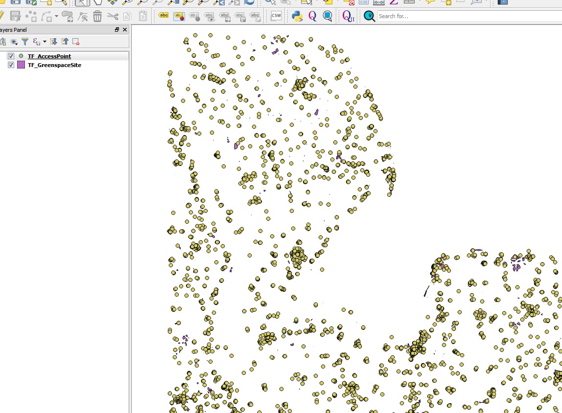 Data loaded un-styled into QGIS shown in the main data window