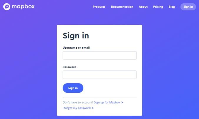Mapbox sign in page showing an empty login form