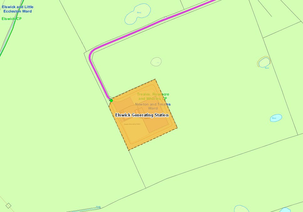 OS MasterMap Sites Layer (orange polygon) Utility or industrial theme – electricity production, showing an orange polygon over Elswick Generating Station.
