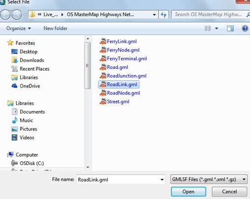  Select File dialog showing RoadLink, RoadNode, and street amongst other gml files
