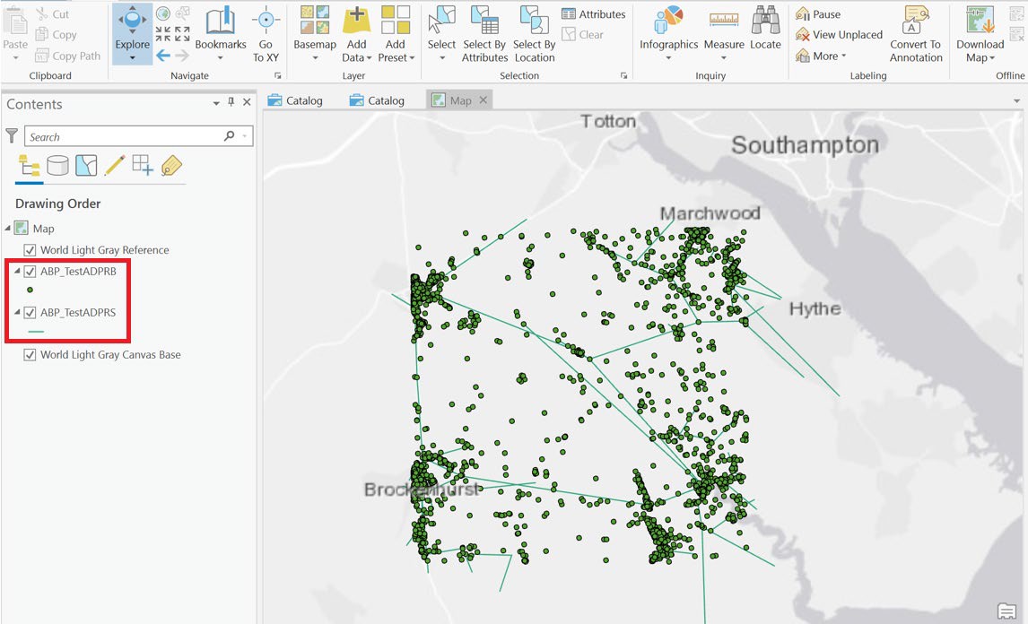 ArcGIS Pro UI showing feature classes containing geometry