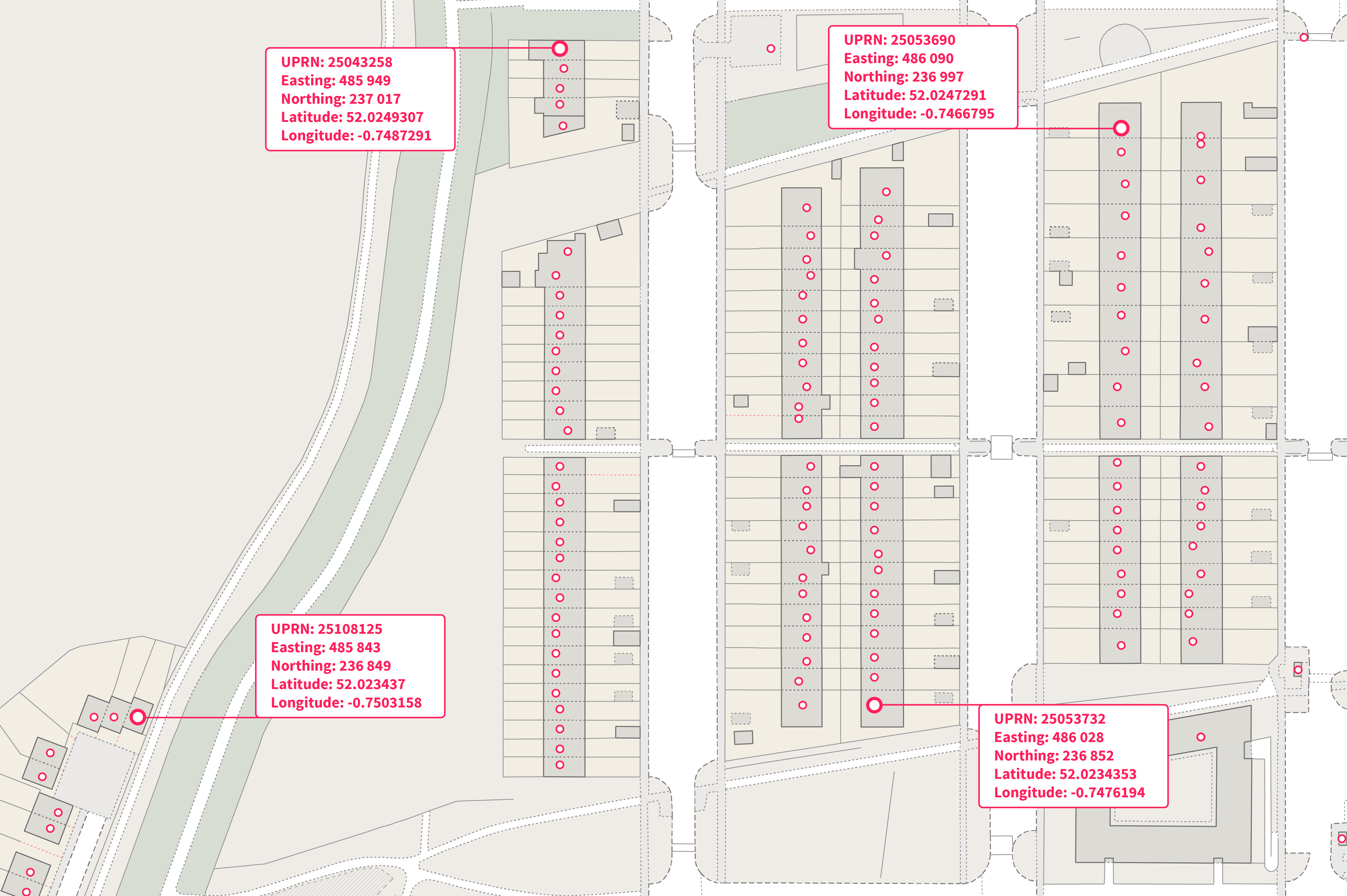 Representation of OS Open UPRN data against a background map. Four UPRN records have been highlighted.