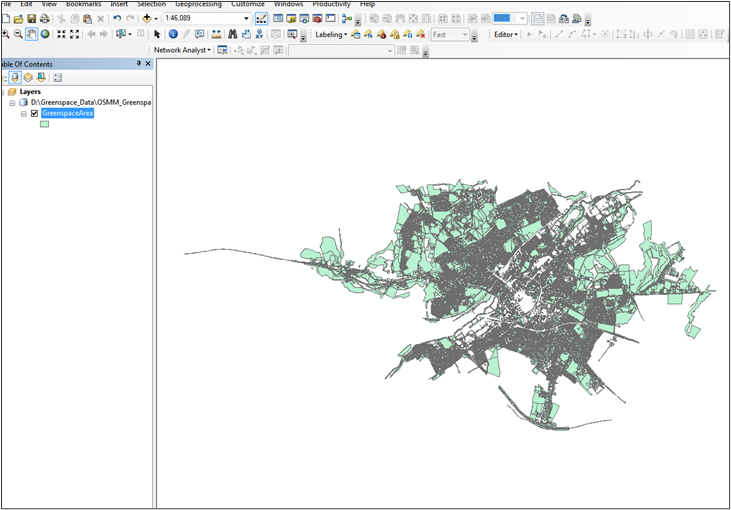 Display showing data added un-styled in ArcMap.