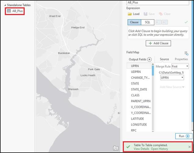 ArcGIS Pro UI showing new table in Geoprocessing window