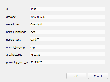 GeoPackage attributes for the Built Up Areas Feature Type.