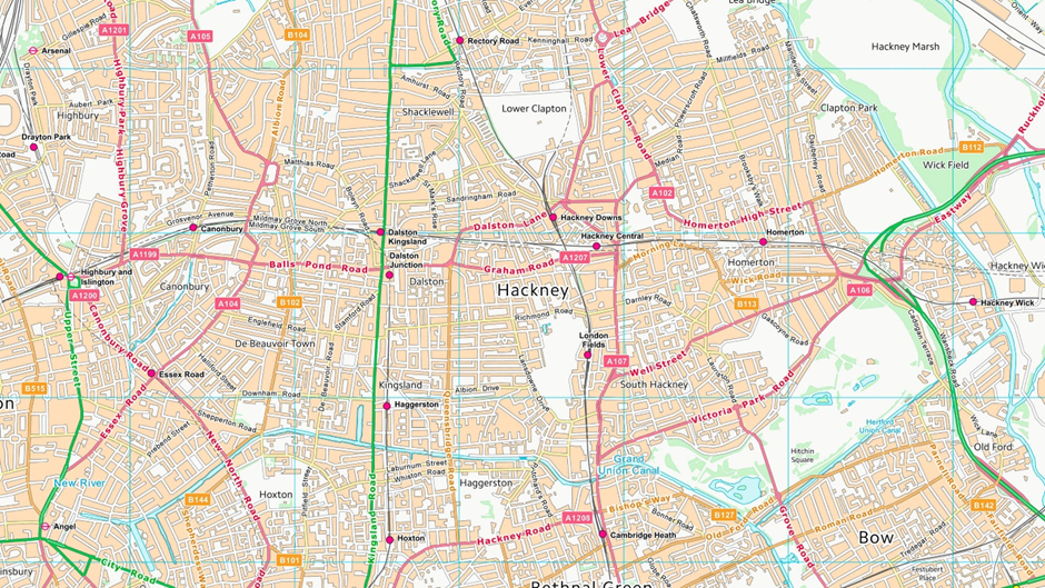 OS VectorMap District map showing the area surrounding Hackney on a 1:25 000 scale map of Great Britain