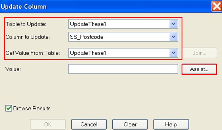 An image of the Update Column screen. A red box is drawn around the following fields: Table to Update, Column to Update and Get Value From Table. A red box is also drawn around the Assist button.