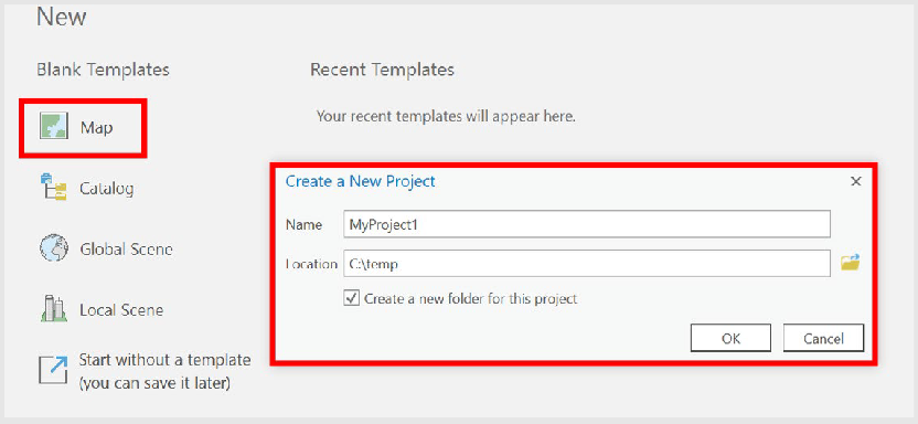 Screenshot showing how to create a new project in ArcGIS Pro.